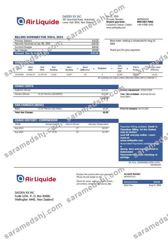 New Zealand Air Liquide gas business utility bill template in Word and PDF formats